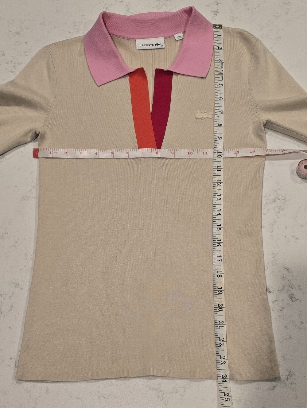 NWOT Lacoste Cream Polo Pink Red Orange Colorblock Collared Top 34 Extra Small - Picture 8 of 8